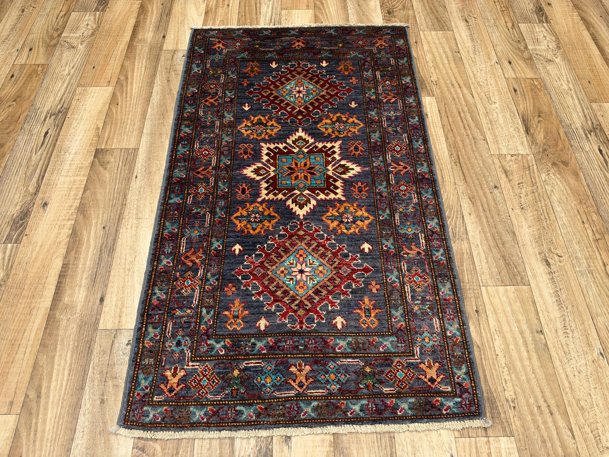 3x4 Gray Kazak Afghan Hand knotted wool Rug