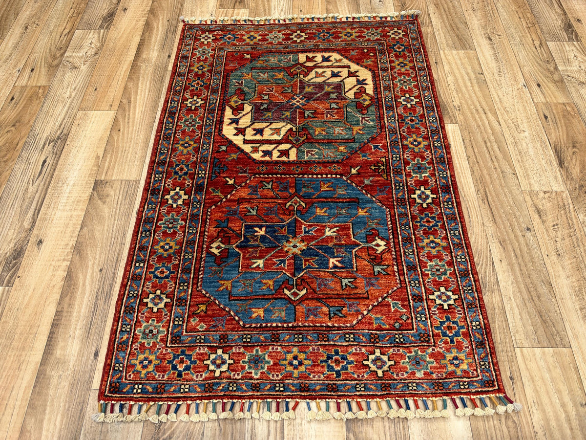 3x4 Red Ersari Hand Knotted Afghan Wool Rug