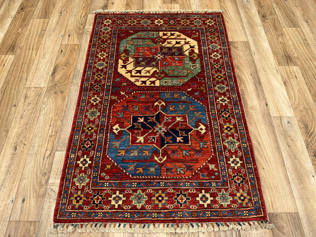 3x4 Red Ersari Hand Knotted Afghan Wool Rug