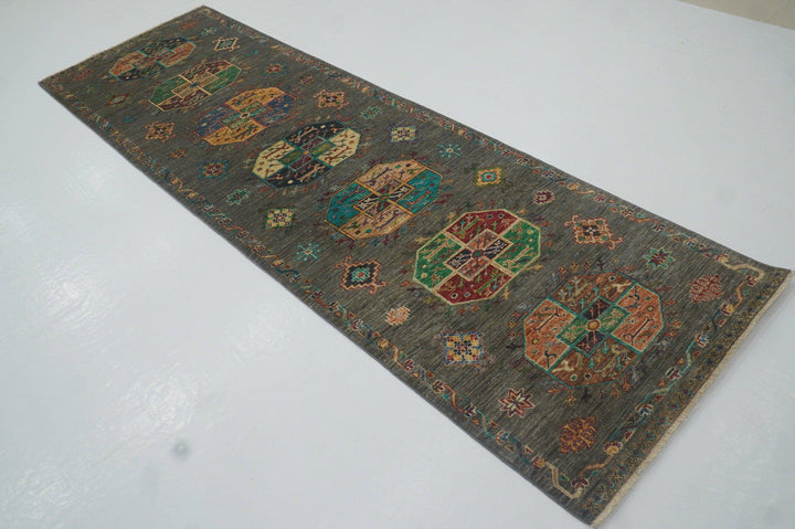 10 ft Ersari Gray Oriental Afghan Hand knotted Wool Runner Rug - Yildiz Rugs