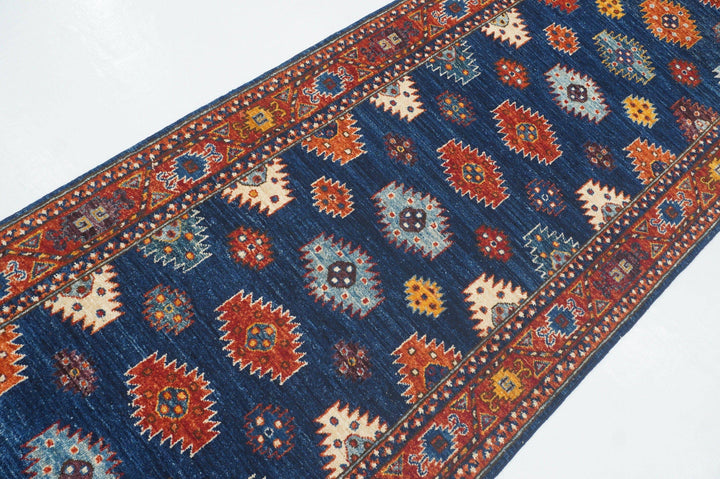 10 ft Ersari Navy Blue Turkmen Afghan Hand knotted Wool Runner Rug - Yildiz Rugs