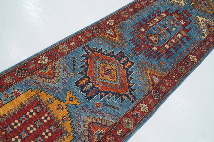 10 Ft Malayer Blue Afghan hand knotted Wool Runner Rug - Yildiz Rugs