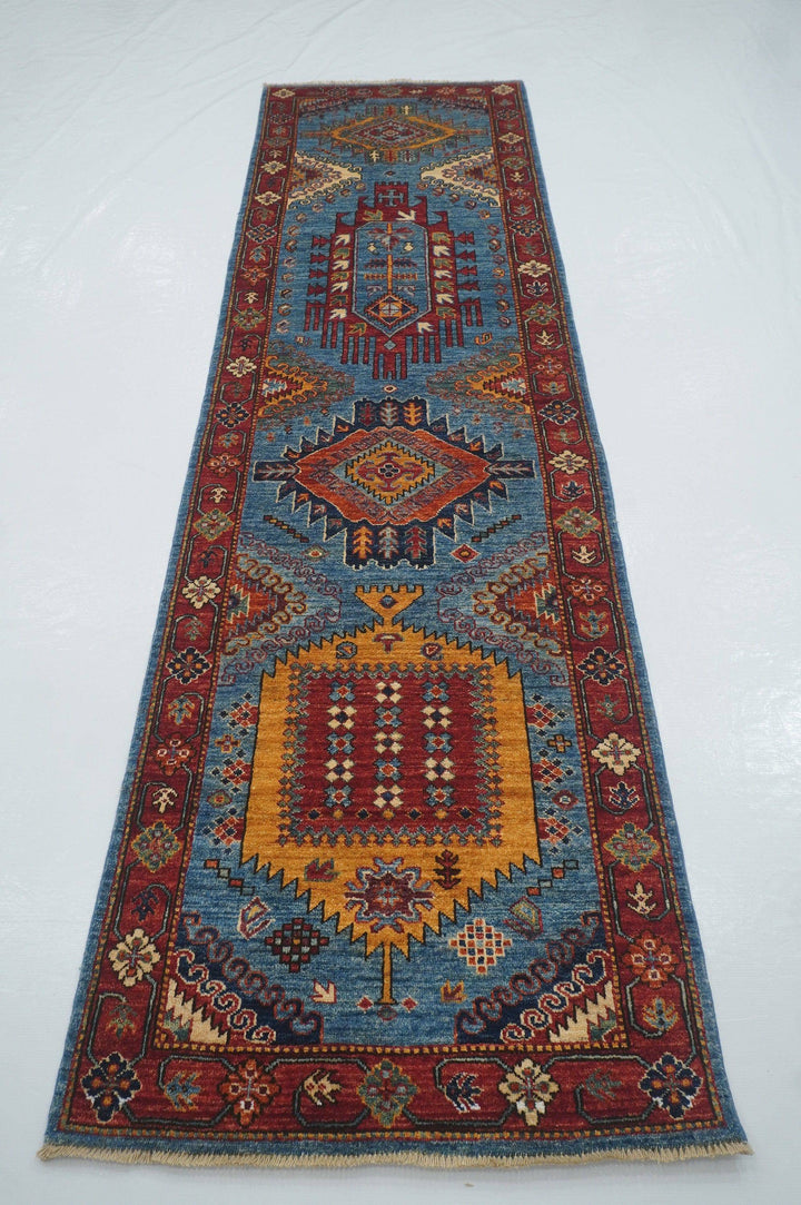 10 Ft Malayer Blue Afghan hand knotted Wool Runner Rug - Yildiz Rugs