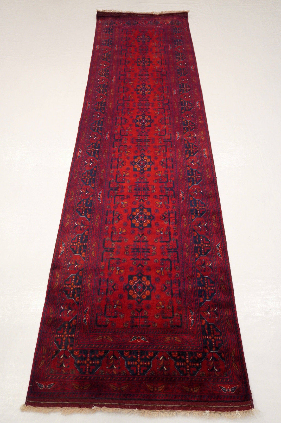 10 ft Red Vintage Kunduz Afghan Hand knotted Runner Rug - Yildiz Rugs