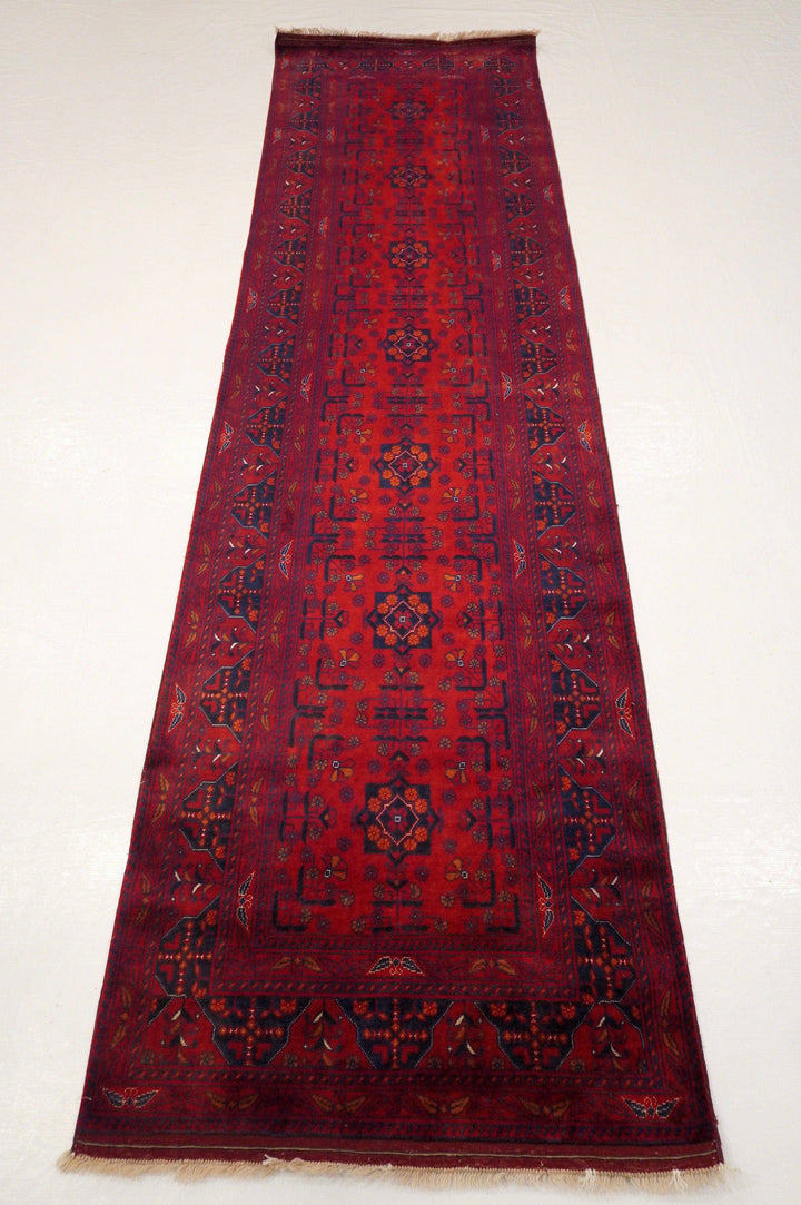 10 ft Red Vintage Kunduz Afghan Hand knotted Runner Rug - Yildiz Rugs