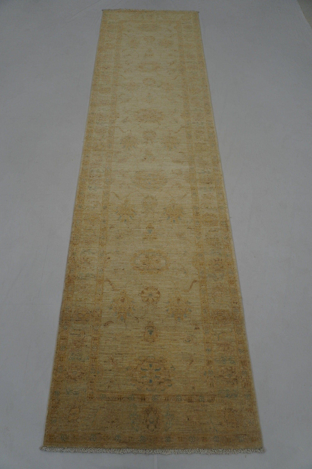 10 ft Vintage Oushak Runner Muted Beige Turkish Hand knotted Wool rug - Yildiz Rugs