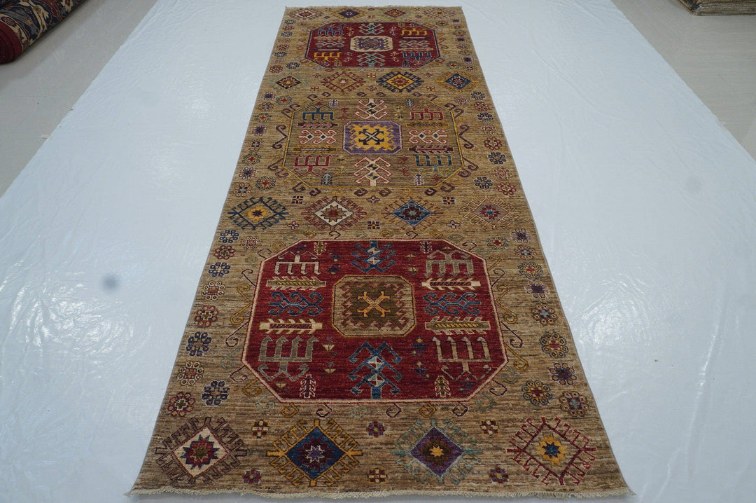 10 ft Wide Kazak Undyed Gray Tribal Afghan Hand knotted Wide Runner Rug - Yildiz Rugs