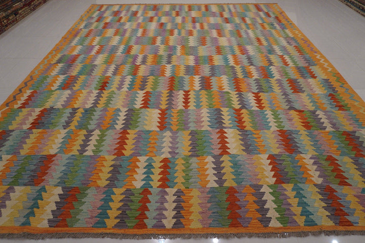 10x13 Kilim Area Rug - Abstract Orange Afghan handmade Modern Wool Carpet - Yildiz Rugs