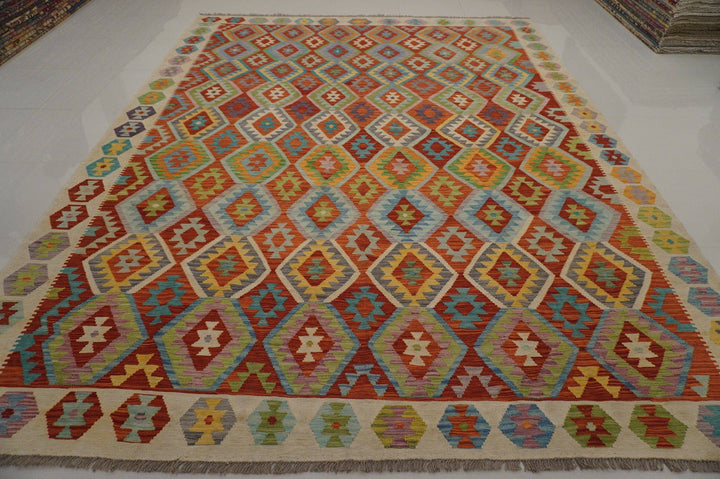 10x13 Kilim Area Rug Red Rust Afghan Geometric Handmade Wool Carpet - Yildiz Rugs