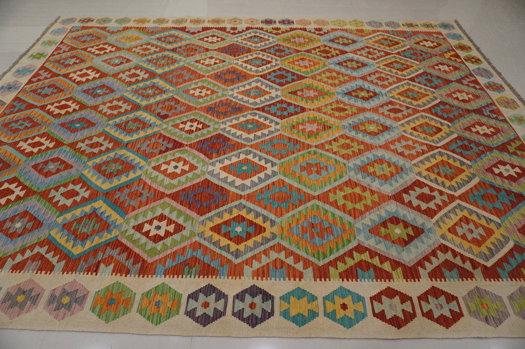 10x13 Kilim Area Rug Red Rust Afghan Geometric Handmade Wool Carpet - Yildiz Rugs