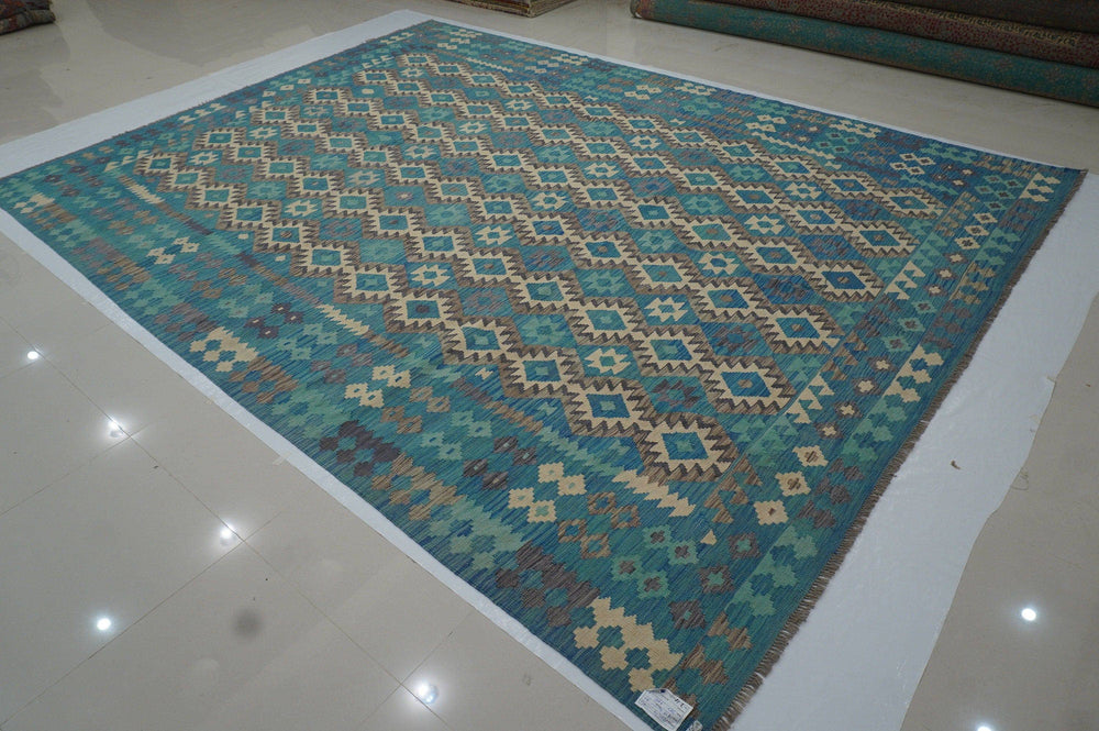 10x13 Turquoise Blue Boho Afghan Hand woven Wool Kilim Area Rug - Yildiz Rugs