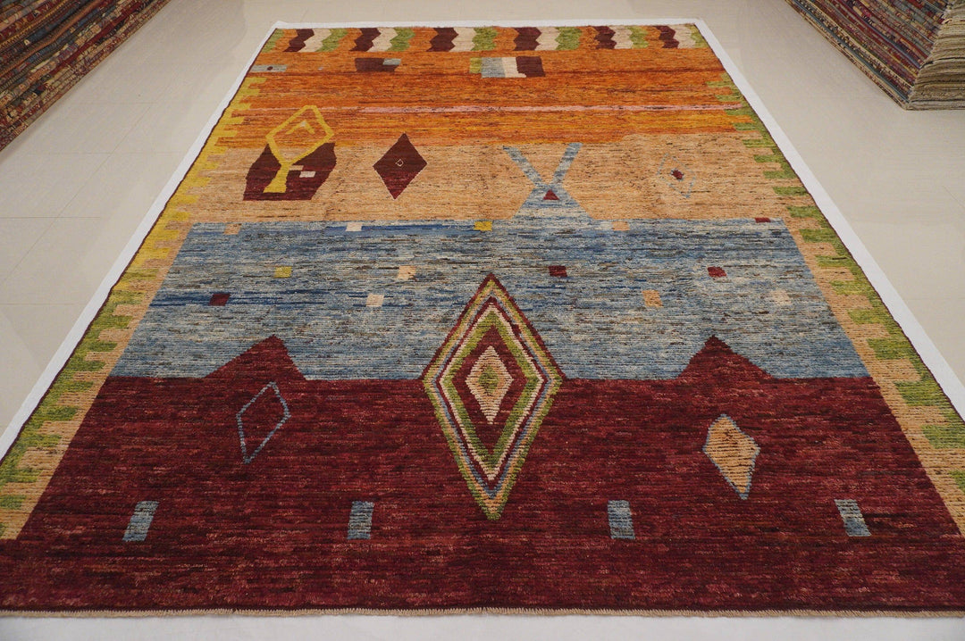 10x14 Berber Area Rug Blue Maroon Orange Moroccan Beni Ourain Rug - Yildiz Rugs