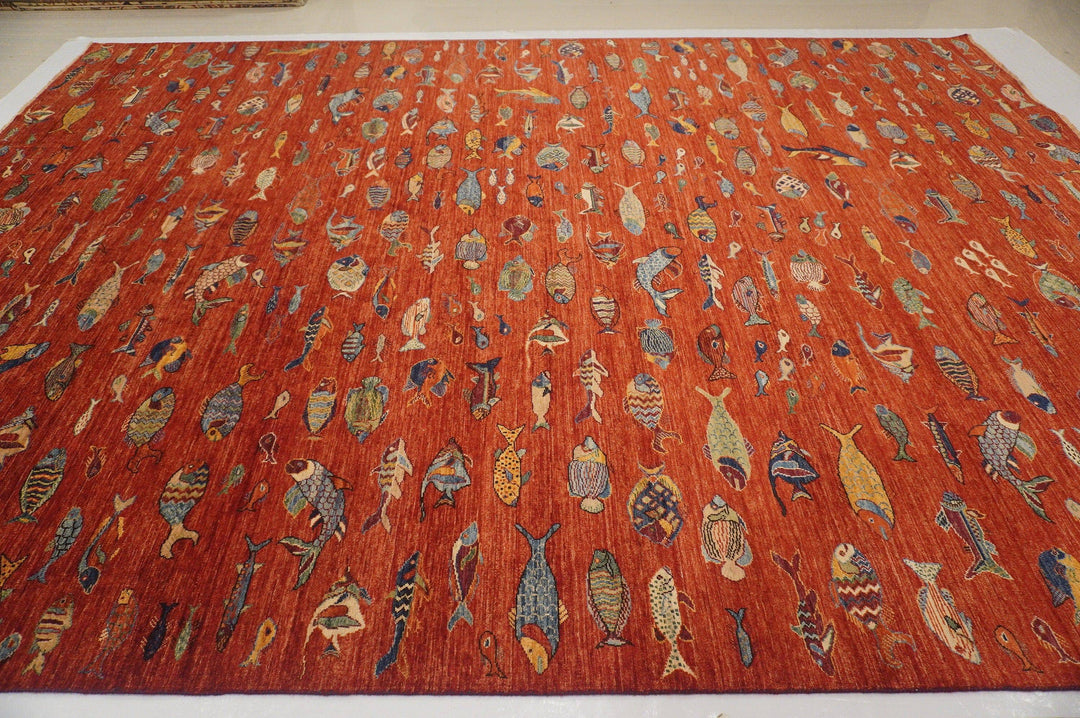 10x14 Fish Gabbeh Rusty Red Afghan Hand knotted wool Tribal Area Rug - Yildiz Rugs