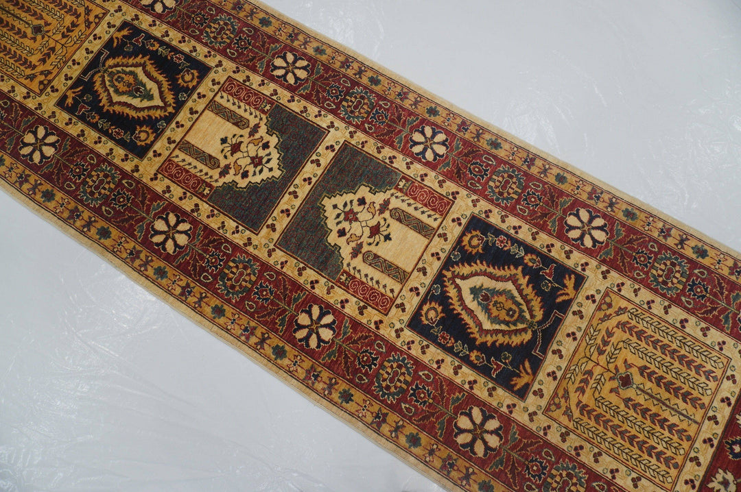 13 ft Bakhtiar Beige Red Garden Persian Hand knotted Wool Runner Rug - Yildiz Rugs