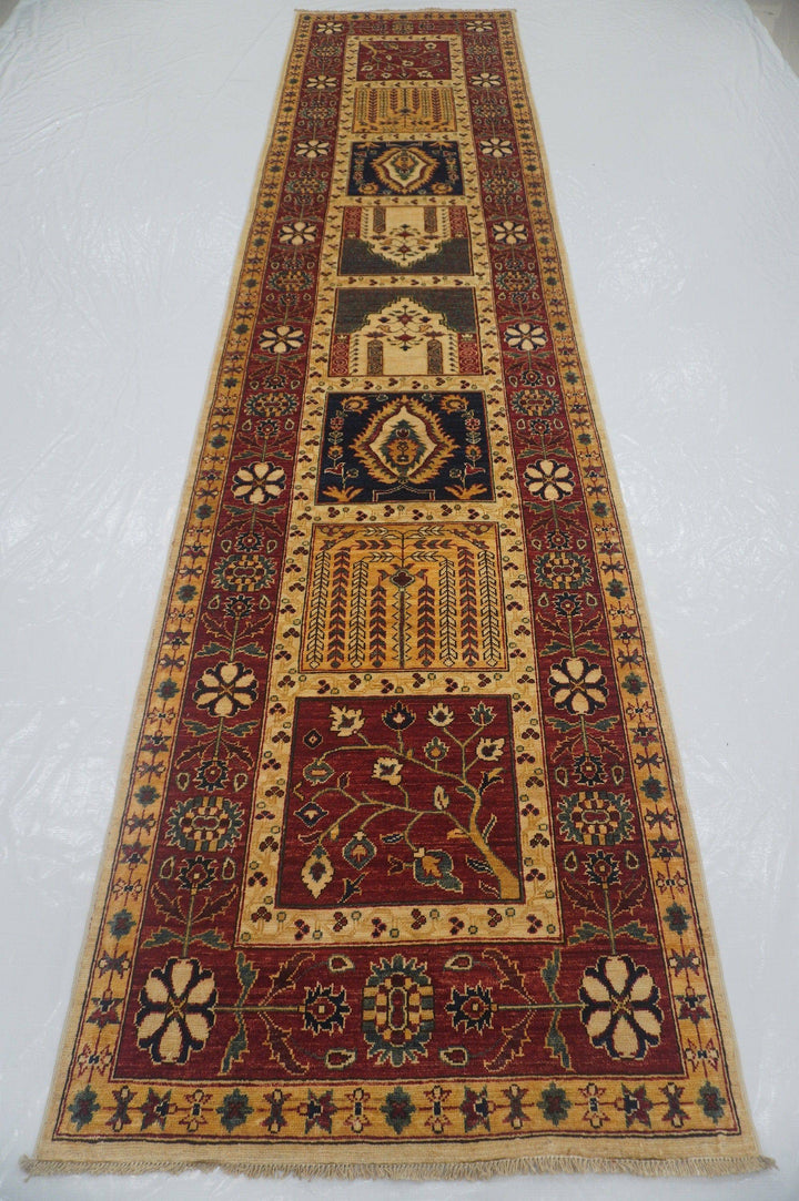 13 ft Bakhtiar Beige Red Garden Persian Hand knotted Wool Runner Rug - Yildiz Rugs