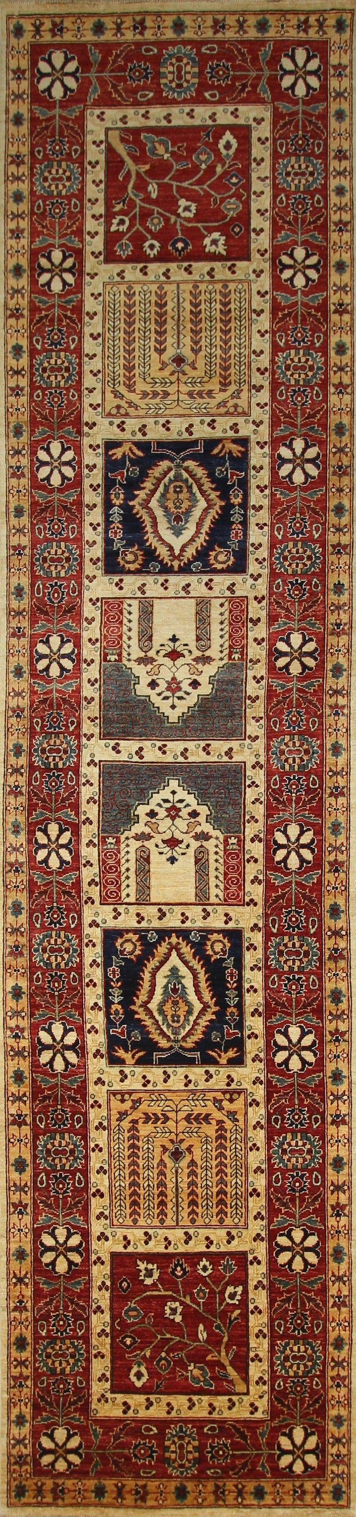 13 ft Bakhtiar Beige Red Garden Persian Hand knotted Wool Runner Rug - Yildiz Rugs