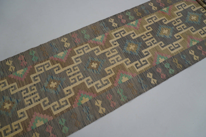 16 Feet Kilim Soft Gray Handmade Flat weave Wool Kilim runner Rug - Yildiz Rugs