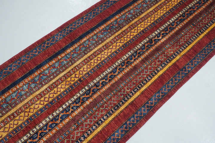 16 ft Turkish Red Bohemian Striped Hand knotted Boho Runner Rug - Yildiz Rugs