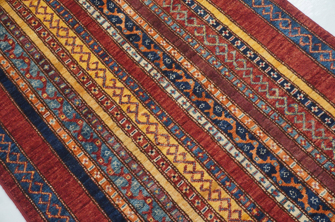 16 ft Turkish Red Bohemian Striped Hand knotted Boho Runner Rug - Yildiz Rugs