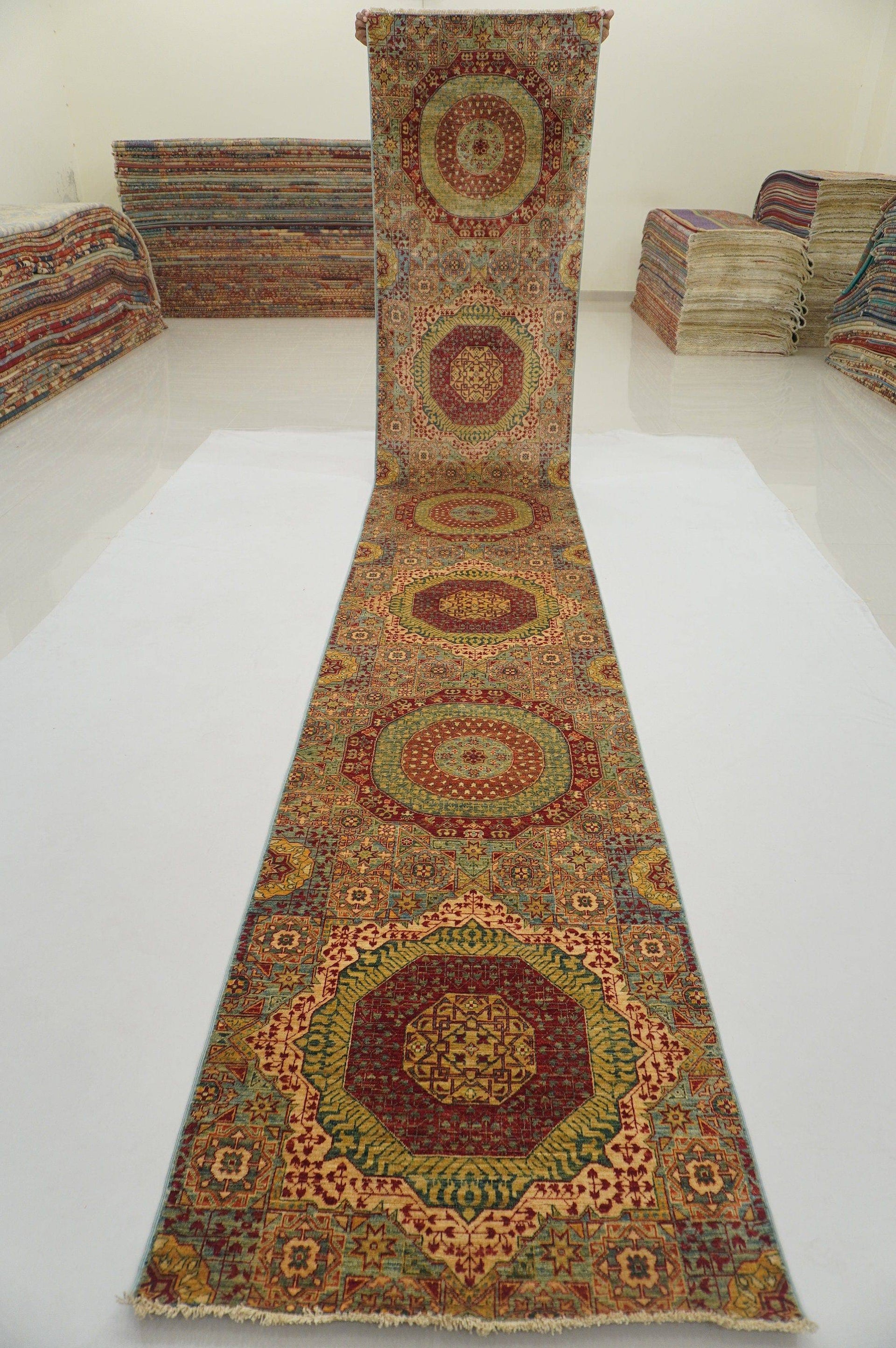 17 Ft. Blue Turkish Fine Quality Hand Knotted Wool Mamluk Runner rug - Yildiz Rugs