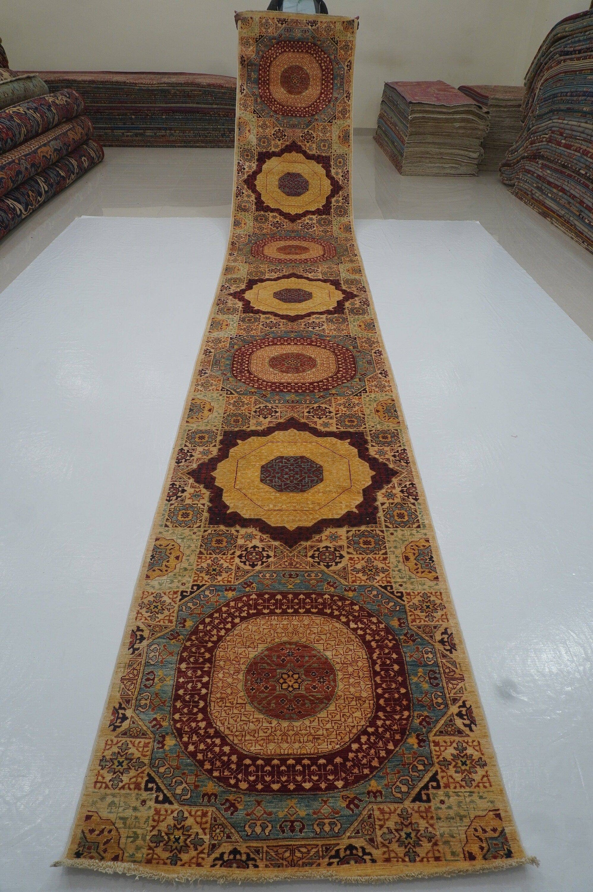 19 Ft Mamluk Beige Turkish Hand knotted Wool Extra Long Runner Rug - Yildiz Rugs