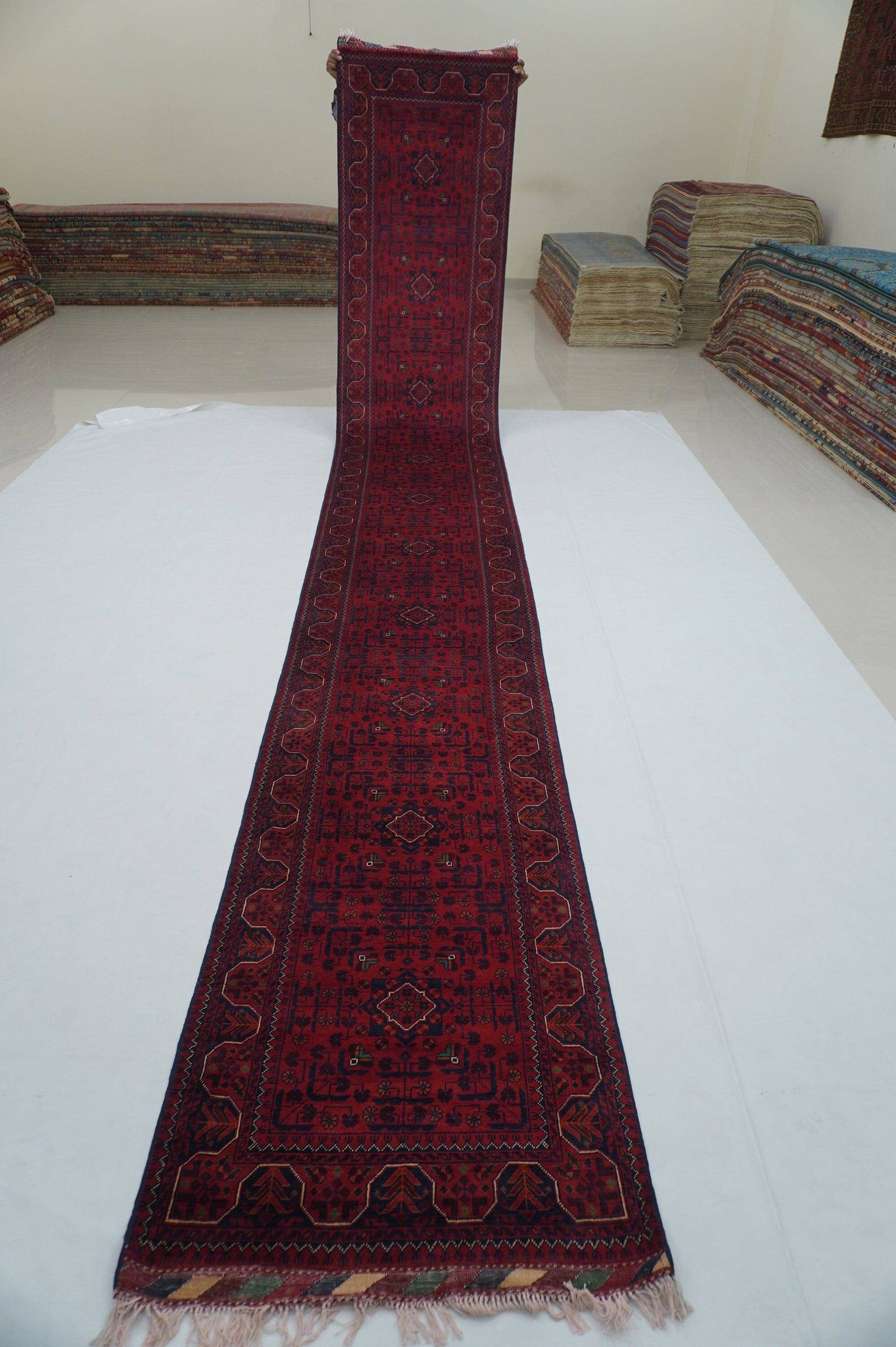 19 Ft Red Khal Mohammadi Afghan Hand knotted Wool Extra long Runner Rug - Yildiz Rugs