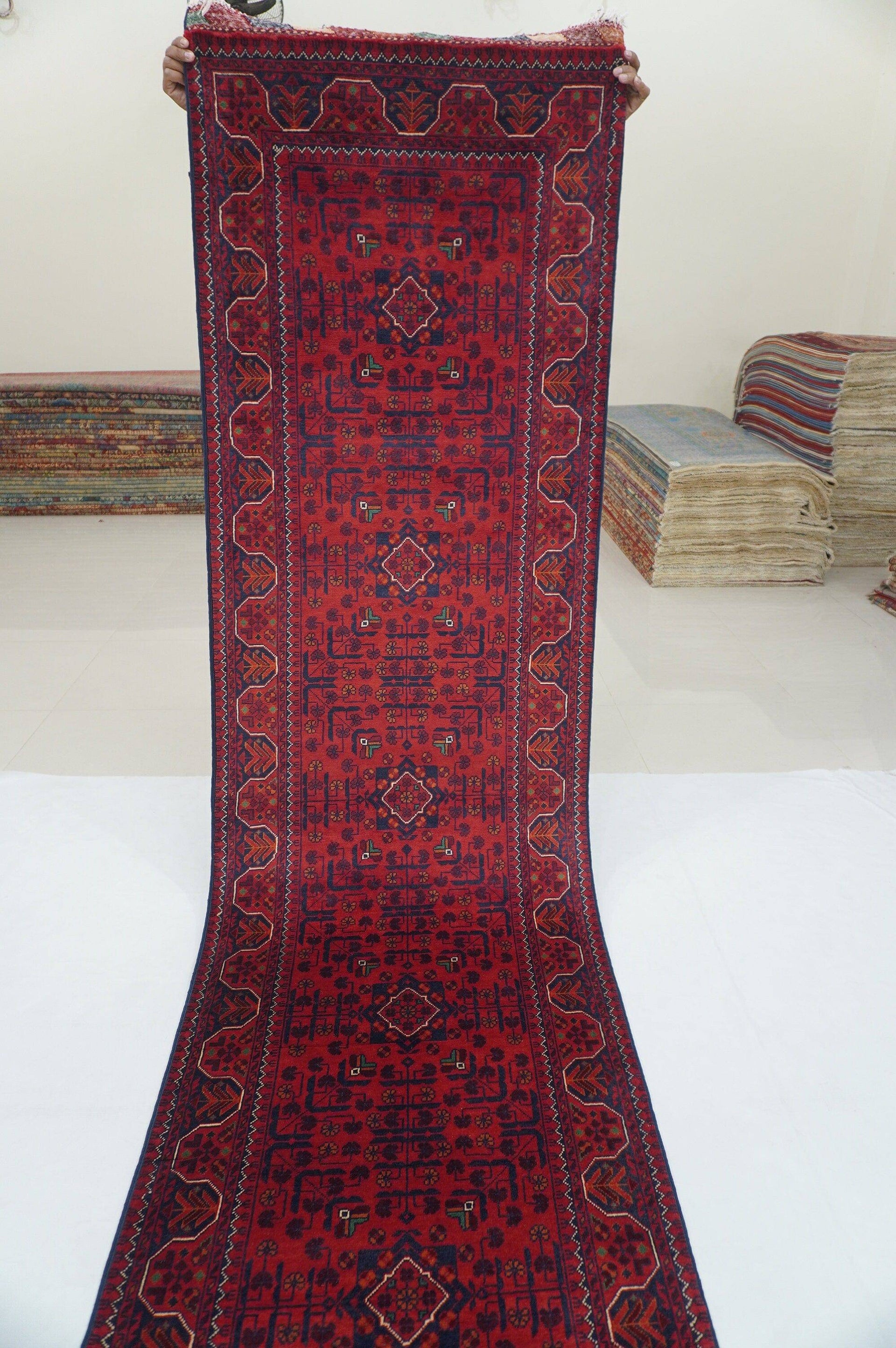 19 Ft Red Khal Mohammadi Afghan Hand knotted Wool Extra long Runner Rug - Yildiz Rugs