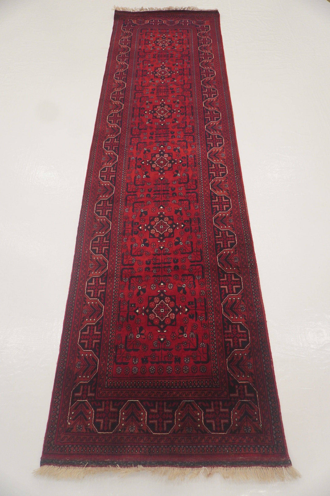 2'6 x 9'2 ft Vintage Belgic Red Afghan Hand knotted Wool Runner - Yildiz Rugs