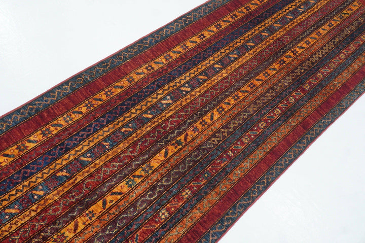 2'6x9'4 Red Turkish Striped Hand knotted wool Boho Runner Rug - Yildiz Rugs