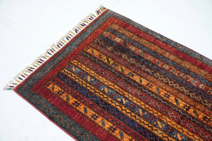 2'6x9'4 Red Turkish Striped Hand knotted wool Boho Runner Rug - Yildiz Rugs