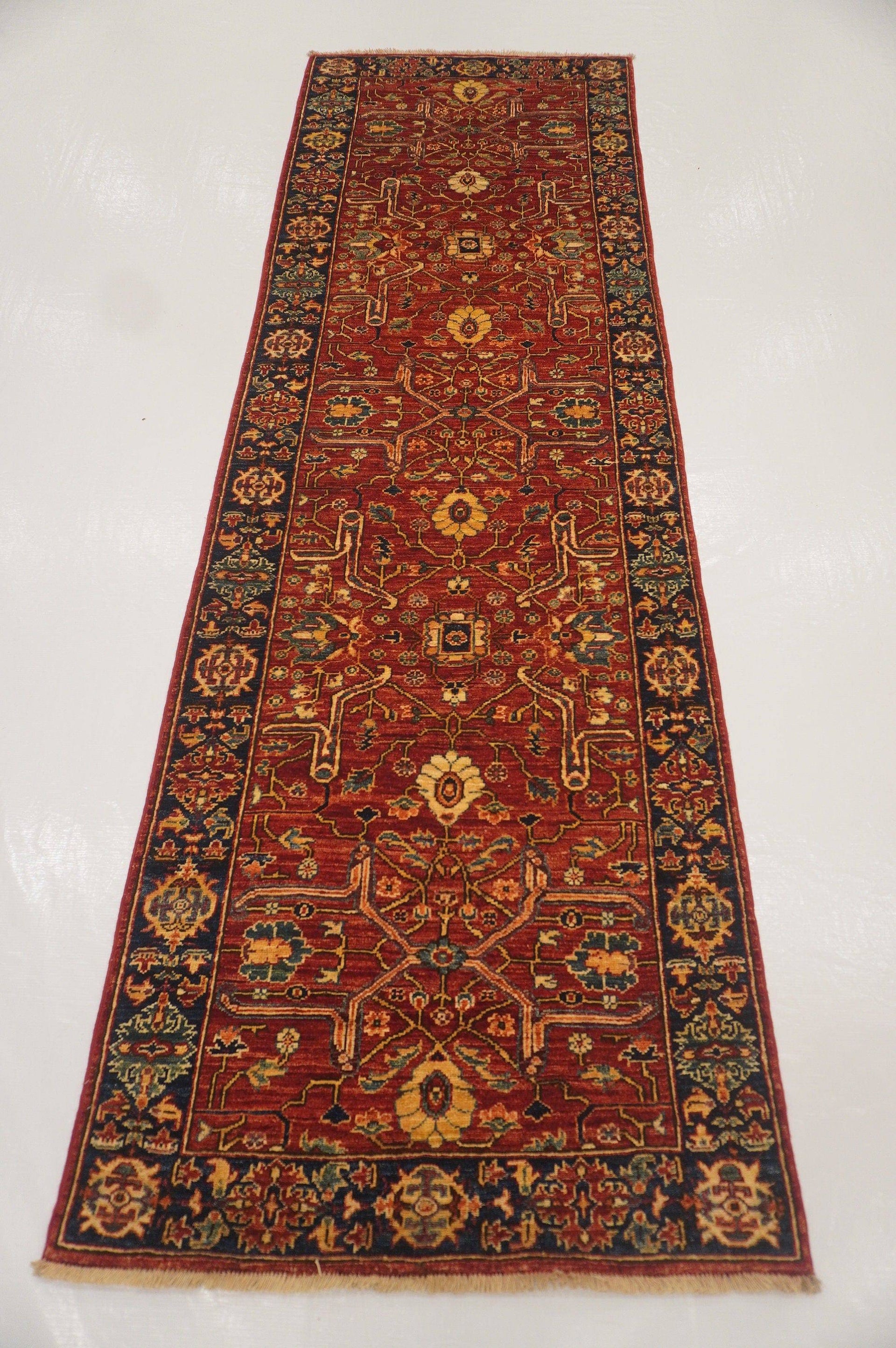 2'9x8'7 Ft Heriz Red Afghan hand knotted Wool Oriental Runner Rug - Yildiz Rugs