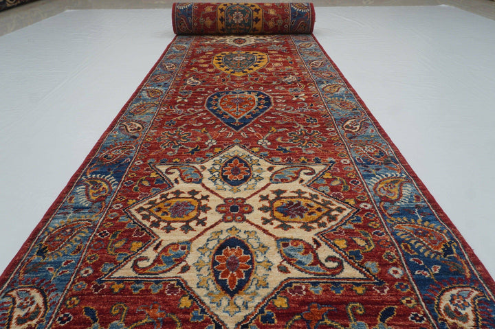 23 Ft Red Suzani Afghan Hand Knotted Extra Long Runner Rug - Yildiz Rugs