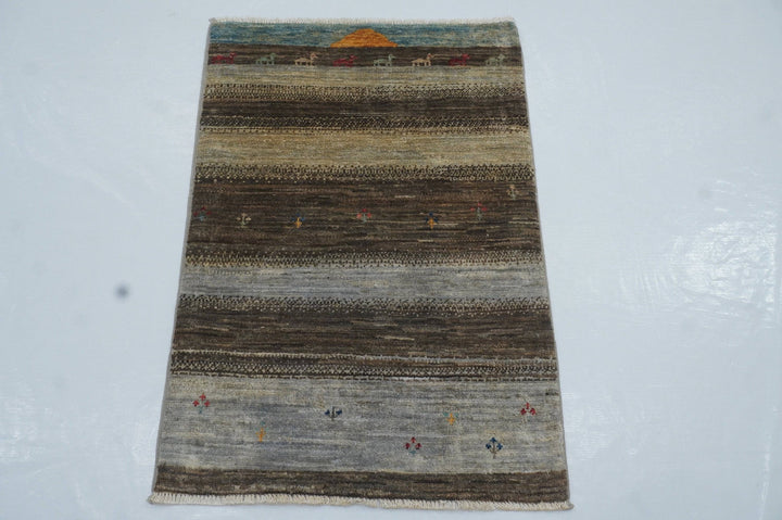 2x3 Gabbeh Gray Nomadic Tribal Landscape Hand knotted Accent Rug - Yildiz Rugs