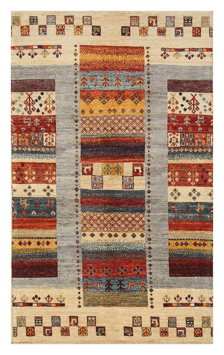 3'4x5'5 Tribal Gabbeh Beige Kashkuli Afghan Hand Knotted Wool Rug - Yildiz Rugs