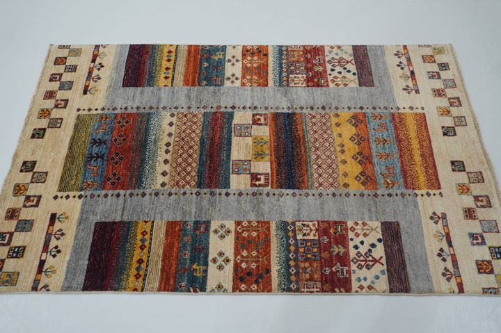 3'4x5'5 Tribal Gabbeh Beige Kashkuli Afghan Hand Knotted Wool Rug - Yildiz Rugs