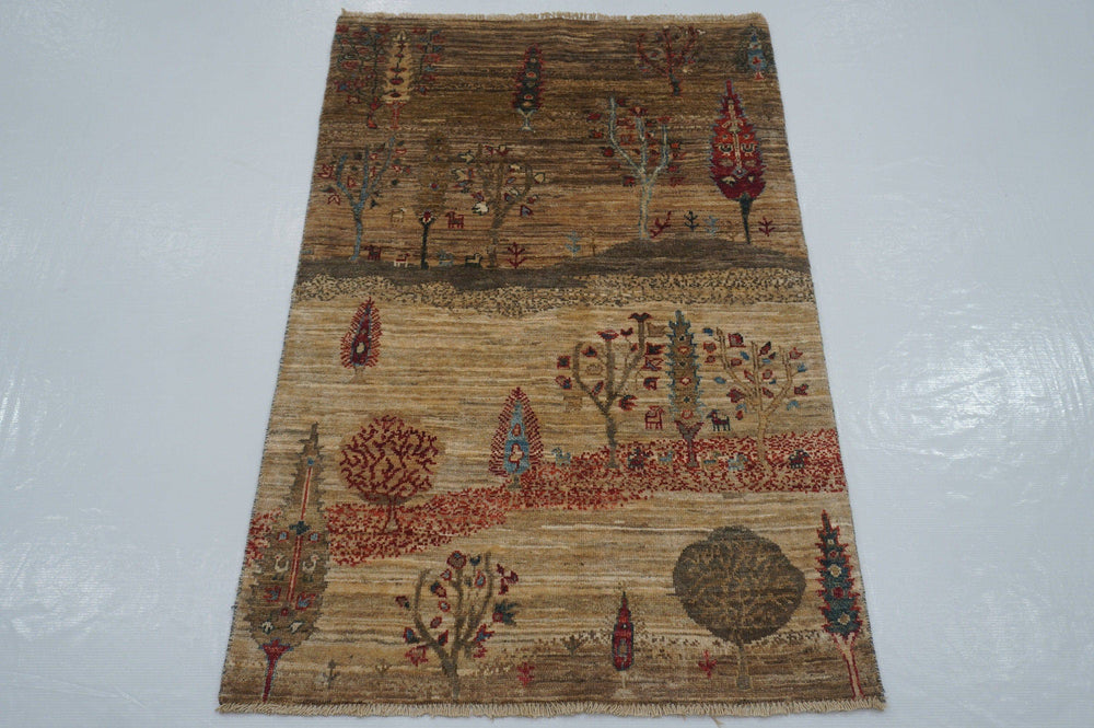 3x4 Tribal Gabbeh Beige Brown Gray Afghan Hand Knotted Landscape Rug - Yildiz Rugs