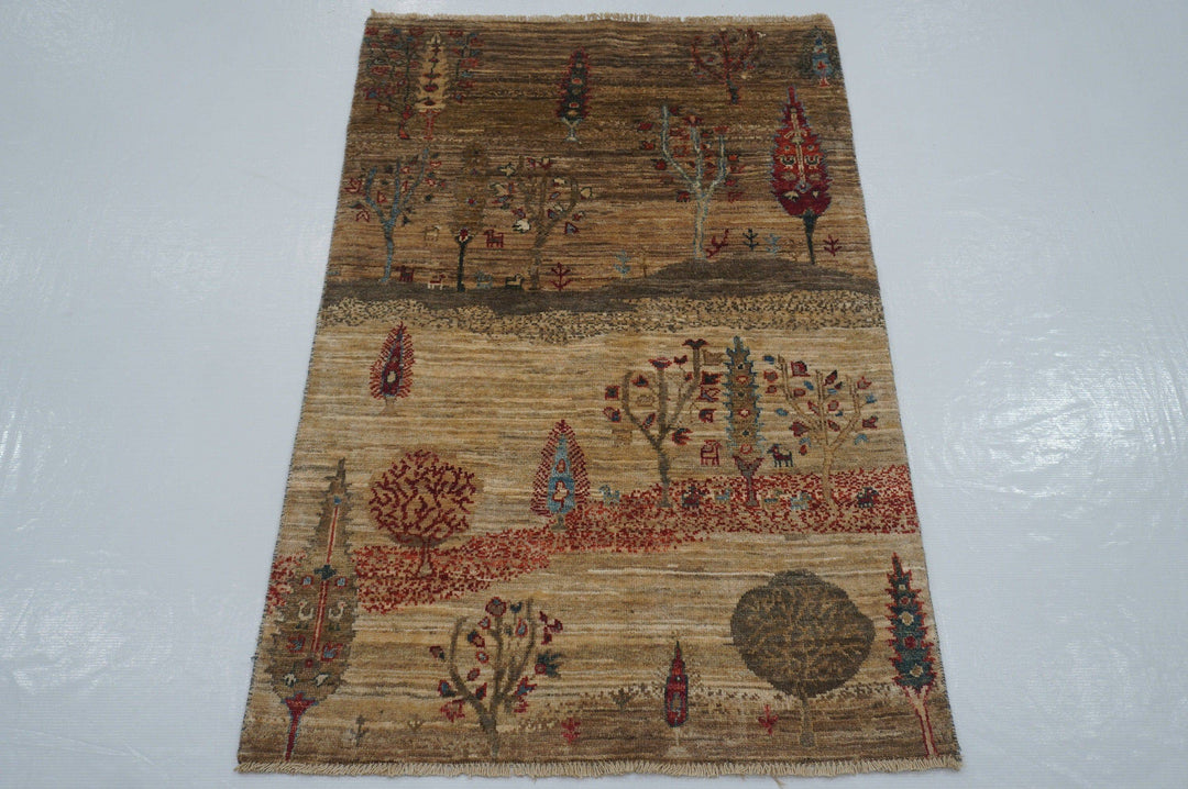 3x4 Tribal Gabbeh Beige Brown Gray Afghan Hand Knotted Landscape Rug - Yildiz Rugs