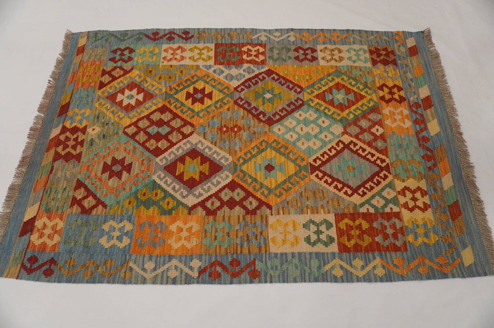 3x5 Afghan Kilim Blue Hand knotted Geometric Wool Area Rug - Yildiz Rugs