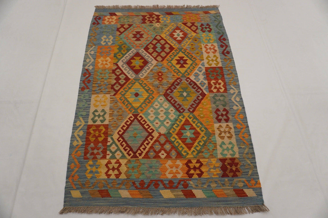 3x5 Afghan Kilim Blue Hand knotted Geometric Wool Area Rug - Yildiz Rugs