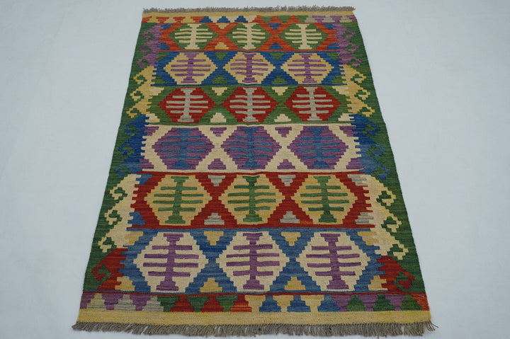 3x5 Afghan Kilim Green Beige Hand woven Geometric Wool Area Rug - Yildiz Rugs