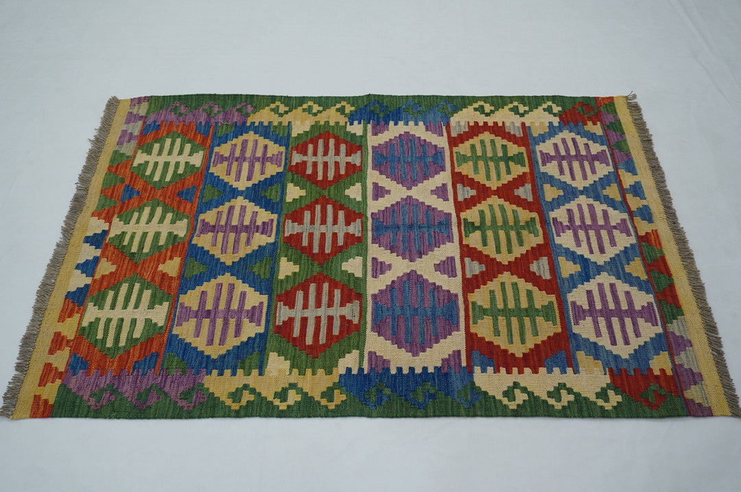 3x5 Afghan Kilim Green Beige Hand woven Geometric Wool Area Rug - Yildiz Rugs