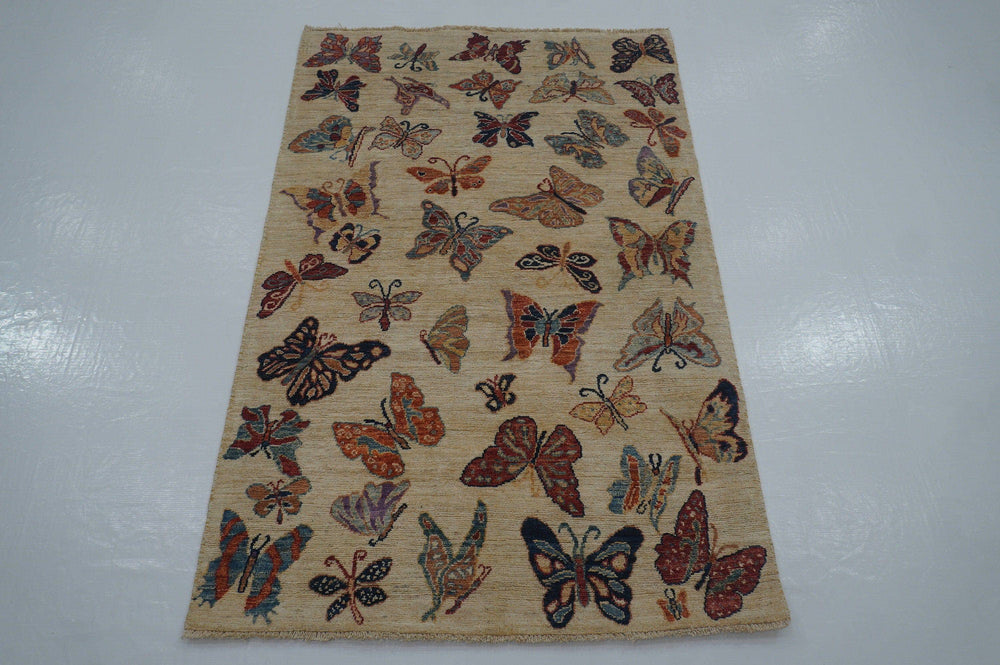 3x5 Butterfly Beige Gabbeh Afghan hand knotted Rug - Yildiz Rugs