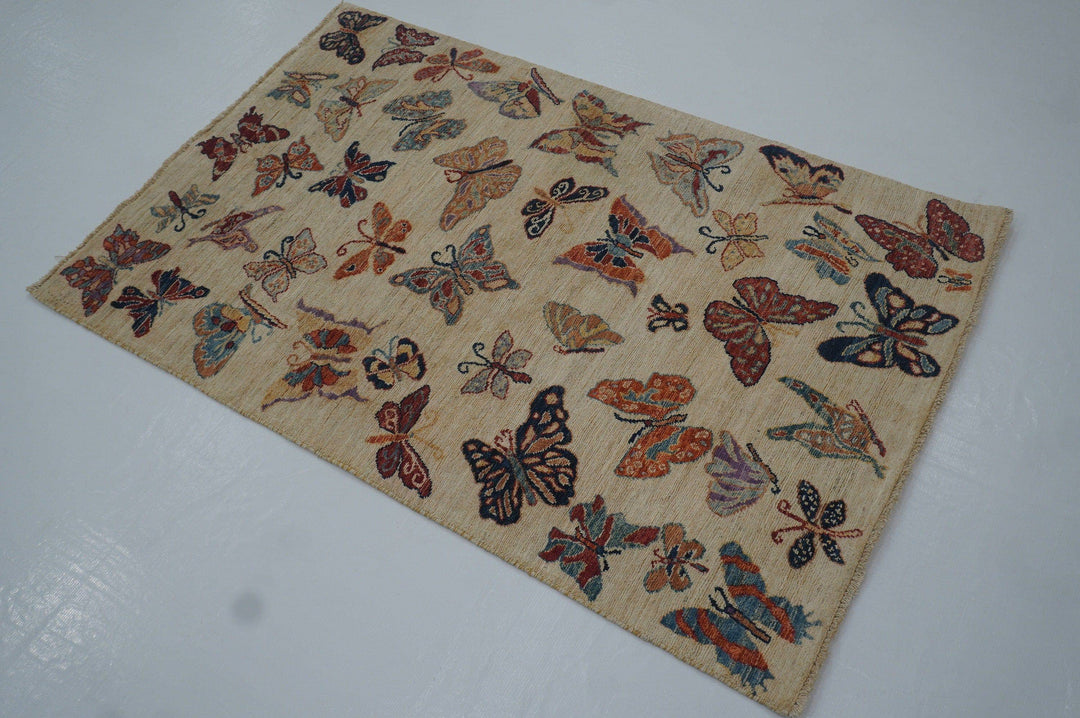 3x5 Butterfly Beige Gabbeh Afghan hand knotted Rug - Yildiz Rugs