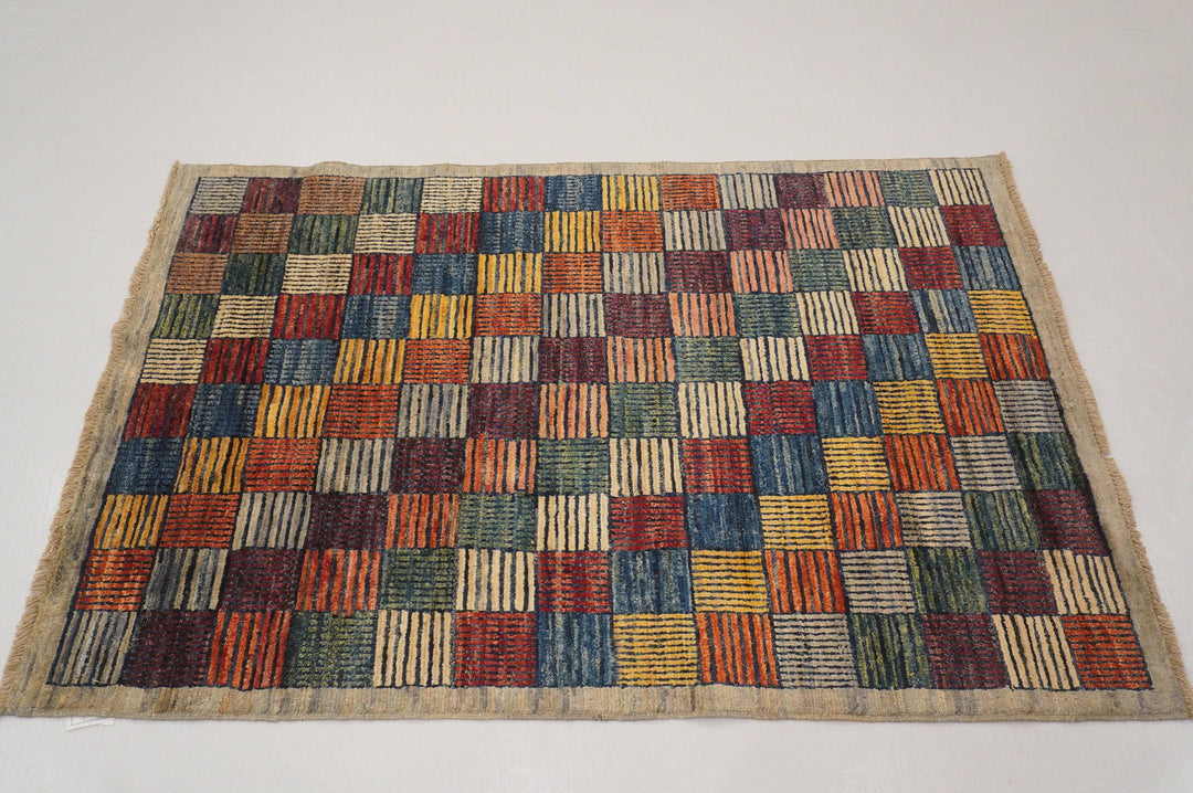 3x5 Checkered Multicolor Modern Box Afghan Hand knotted Rug - Yildiz Rugs