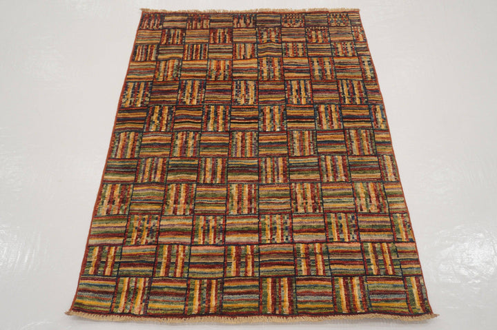 3x5 Checkered Multicolor Weave Box Afghan Hand knotted Rug - Yildiz Rugs