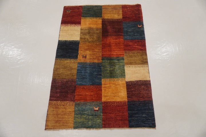 3x5 Gabbeh Tribal Multicolor Checkered Hand knotted wool Area Rug - Yildiz Rugs