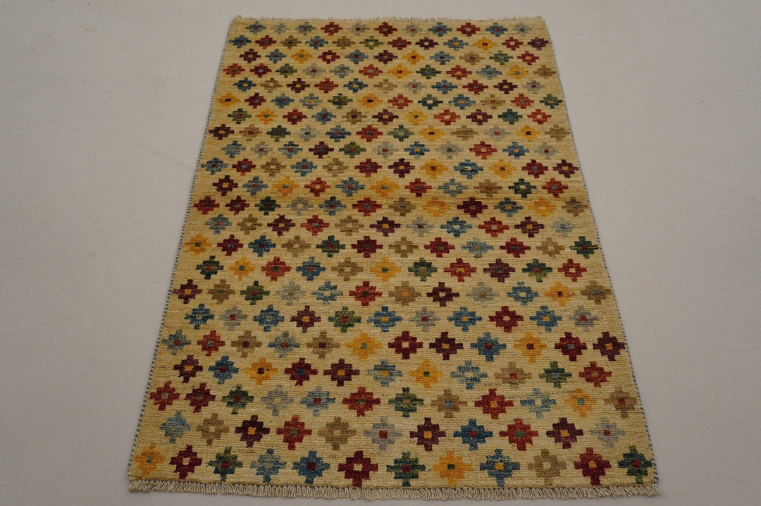 3x5 Tribal Gabbeh Beige Afghan Handmade wool Rug - Yildiz Rugs