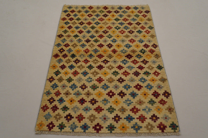 3x5 Tribal Gabbeh Beige Afghan Handmade wool Rug - Yildiz Rugs