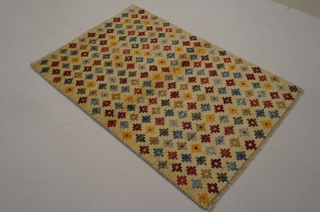 3x5 Tribal Gabbeh Beige Afghan Handmade wool Rug - Yildiz Rugs