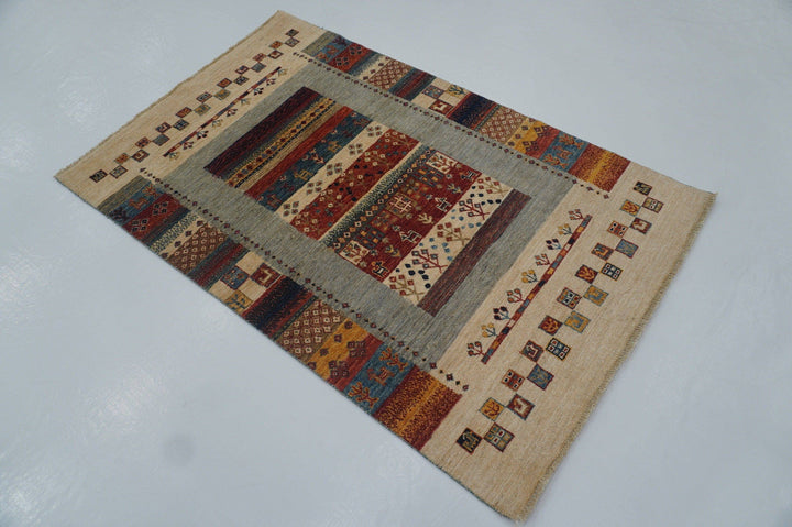 3x5 Tribal Gabbeh Beige Kashkuli Afghan Hand Knotted Wool Rug - Yildiz Rugs